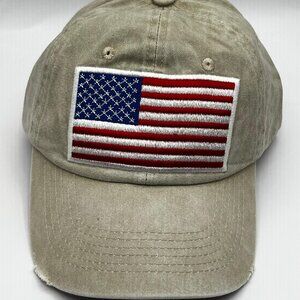 Beige Fabric Washed Vintage Baseball Cap with American Flag Patch
